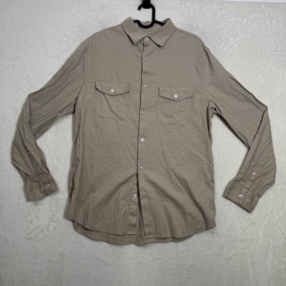 Express Button Up Mens M Khaki Linen Blend Long Sleeve Utility Safari Shirt